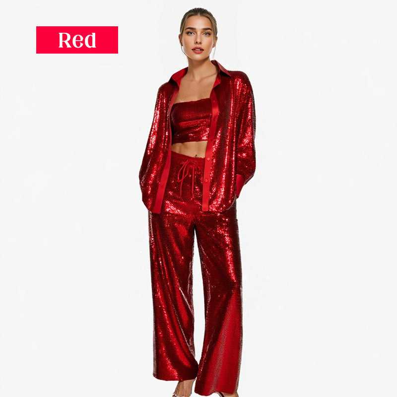 ✨50% OFF✨Sequin blazer and wide trousers for women (3-piece set)
