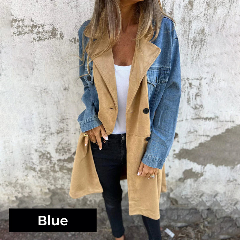 🌸Spring Revamp🌸Mid-Length Trench Coat with Denim Jean Stitching - Perfect for Spring!