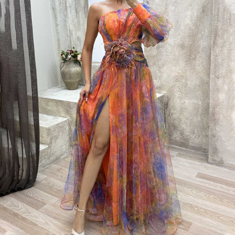 ✨【Slimming Wizard】Colorblock Mirage Dress ✨ | Diagonal Seam Illusion | Arm-Covering Flutter Sleeves | Back Zipper for Perfect Fit