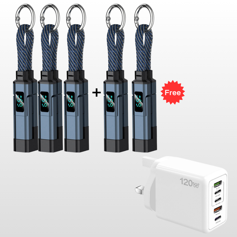 🔌 4-in-1 Charging Cable with Digital Display & Keychain – Fast-Charging, Kink-Resistant & Compact