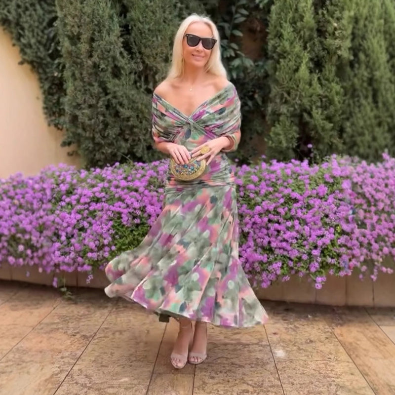 ⏳Time-limited Special⏰ Women's Off-the-Shoulder V-Neck Printed Dress