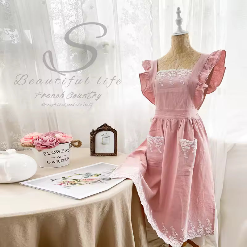 🥳2026 HOT SALE🥳💞Washed Cotton Linen Lace Aprons Ruffles Work Clean Apron for Woman Overalls Dress