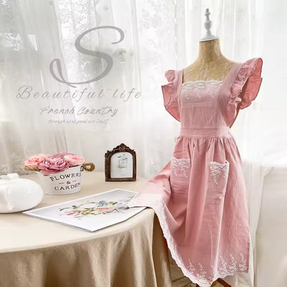 🥳2026 HOT SALE🥳💞Washed Cotton Linen Lace Aprons Ruffles Work Clean Apron for Woman Overalls Dress