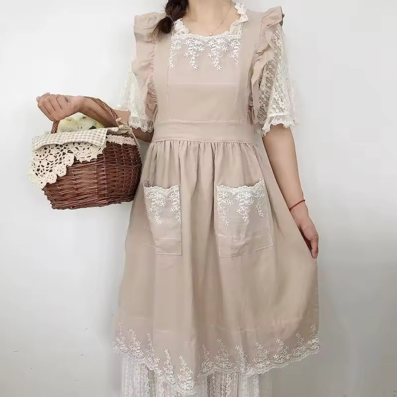 🥳2026 HOT SALE🥳💞Washed Cotton Linen Lace Aprons Ruffles Work Clean Apron for Woman Overalls Dress