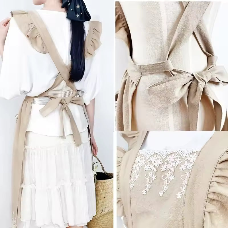 🥳2026 HOT SALE🥳💞Washed Cotton Linen Lace Aprons Ruffles Work Clean Apron for Woman Overalls Dress