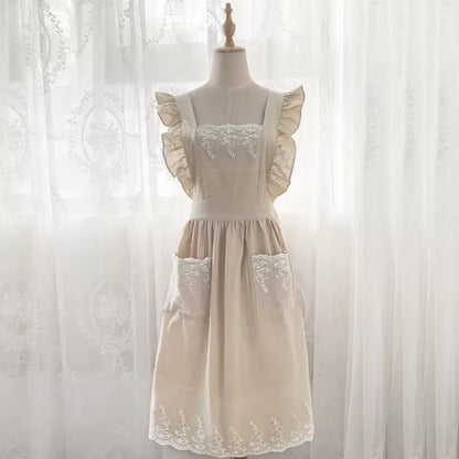 🥳2026 HOT SALE🥳💞Washed Cotton Linen Lace Aprons Ruffles Work Clean Apron for Woman Overalls Dress