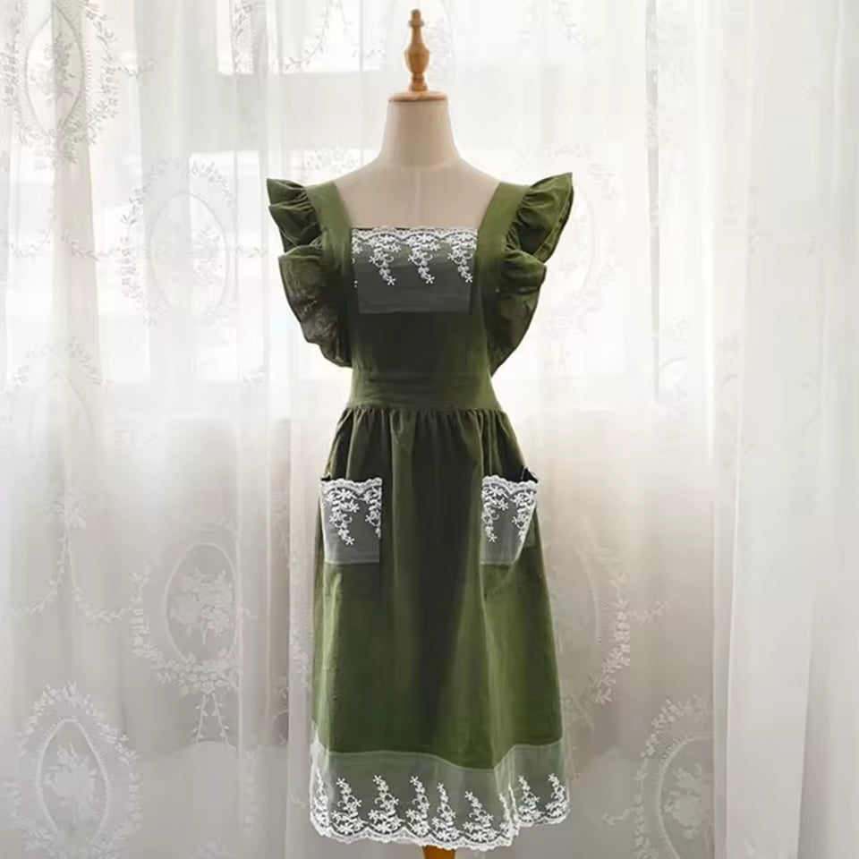 🥳2026 HOT SALE🥳💞Washed Cotton Linen Lace Aprons Ruffles Work Clean Apron for Woman Overalls Dress
