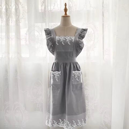 🥳2026 HOT SALE🥳💞Washed Cotton Linen Lace Aprons Ruffles Work Clean Apron for Woman Overalls Dress