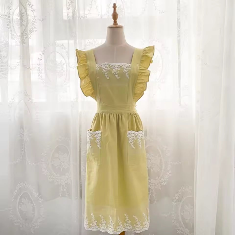 🥳2026 HOT SALE🥳💞Washed Cotton Linen Lace Aprons Ruffles Work Clean Apron for Woman Overalls Dress