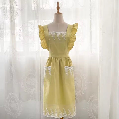 🥳2026 HOT SALE🥳💞Washed Cotton Linen Lace Aprons Ruffles Work Clean Apron for Woman Overalls Dress