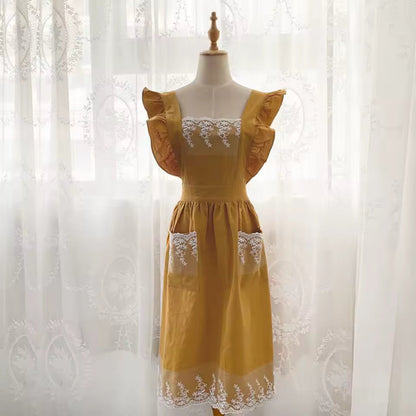 🥳2026 HOT SALE🥳💞Washed Cotton Linen Lace Aprons Ruffles Work Clean Apron for Woman Overalls Dress