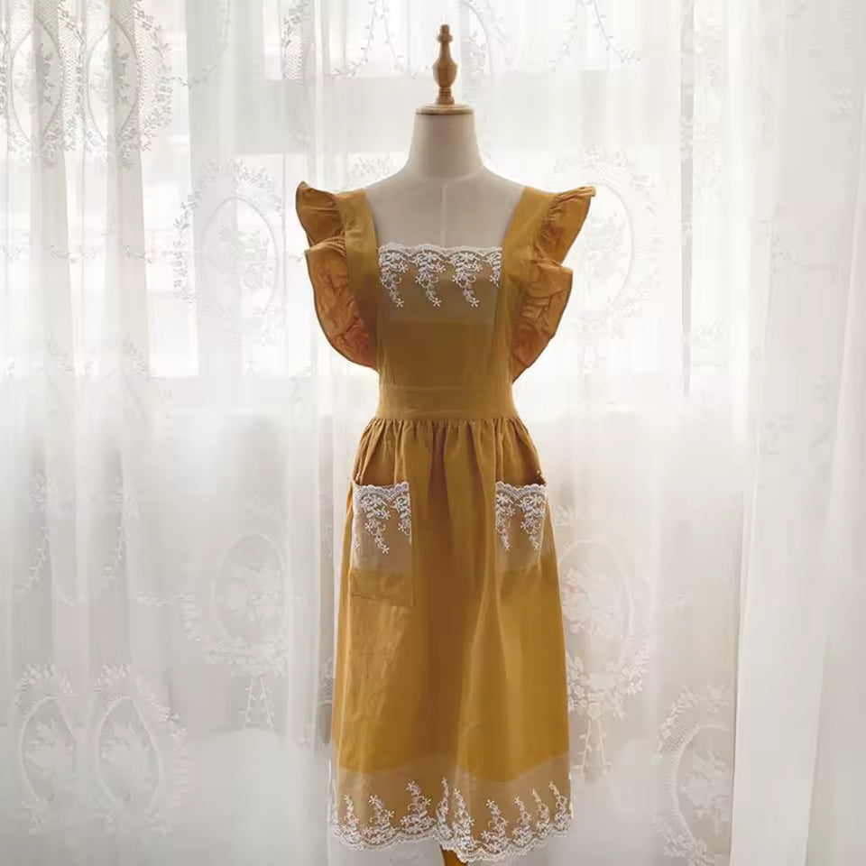 🥳2026 HOT SALE🥳💞Washed Cotton Linen Lace Aprons Ruffles Work Clean Apron for Woman Overalls Dress