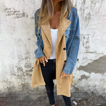 🌸Spring Revamp🌸Mid-Length Trench Coat with Denim Jean Stitching - Perfect for Spring!