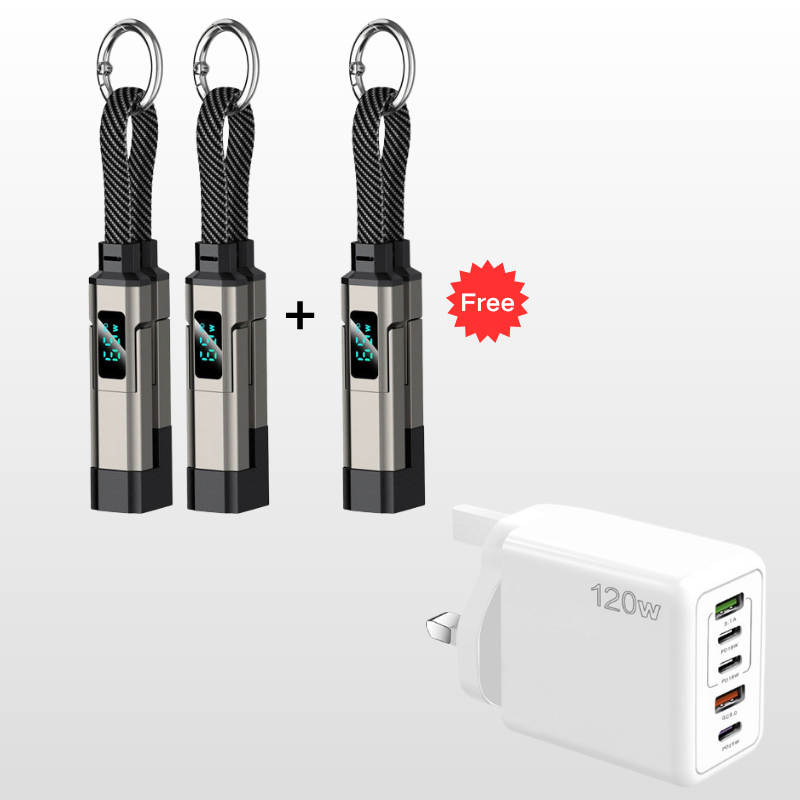 🔌 4-in-1 Charging Cable with Digital Display & Keychain – Fast-Charging, Kink-Resistant & Compact