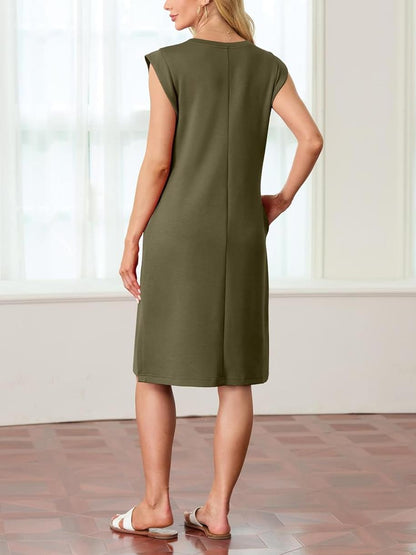 🔥Summer Sale 49% OFF💥Women Round Neck Loose Split Wrinkle-Free Midi Dress with Pockets | Split Hem Airflow Design