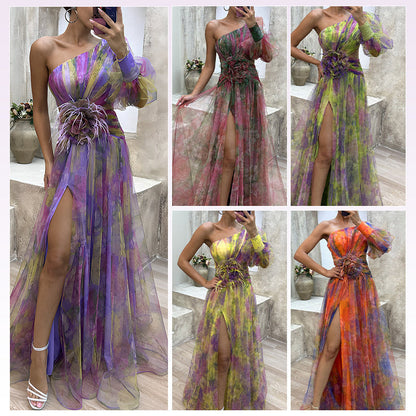 ✨【Slimming Wizard】Colorblock Mirage Dress ✨ | Diagonal Seam Illusion | Arm-Covering Flutter Sleeves | Back Zipper for Perfect Fit