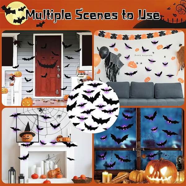 🎃Halloween 50% Off🎃36-Pack 3D Lighted Bats (Stick-On, LED Glow, Multi-Color) — Instant Wall Flock for Indoor/Outdoor