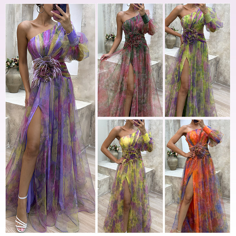✨【Slimming Wizard】Colorblock Mirage Dress ✨ | Diagonal Seam Illusion | Arm-Covering Flutter Sleeves | Back Zipper for Perfect Fit
