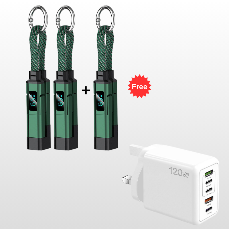 🔌 4-in-1 Charging Cable with Digital Display & Keychain – Fast-Charging, Kink-Resistant & Compact