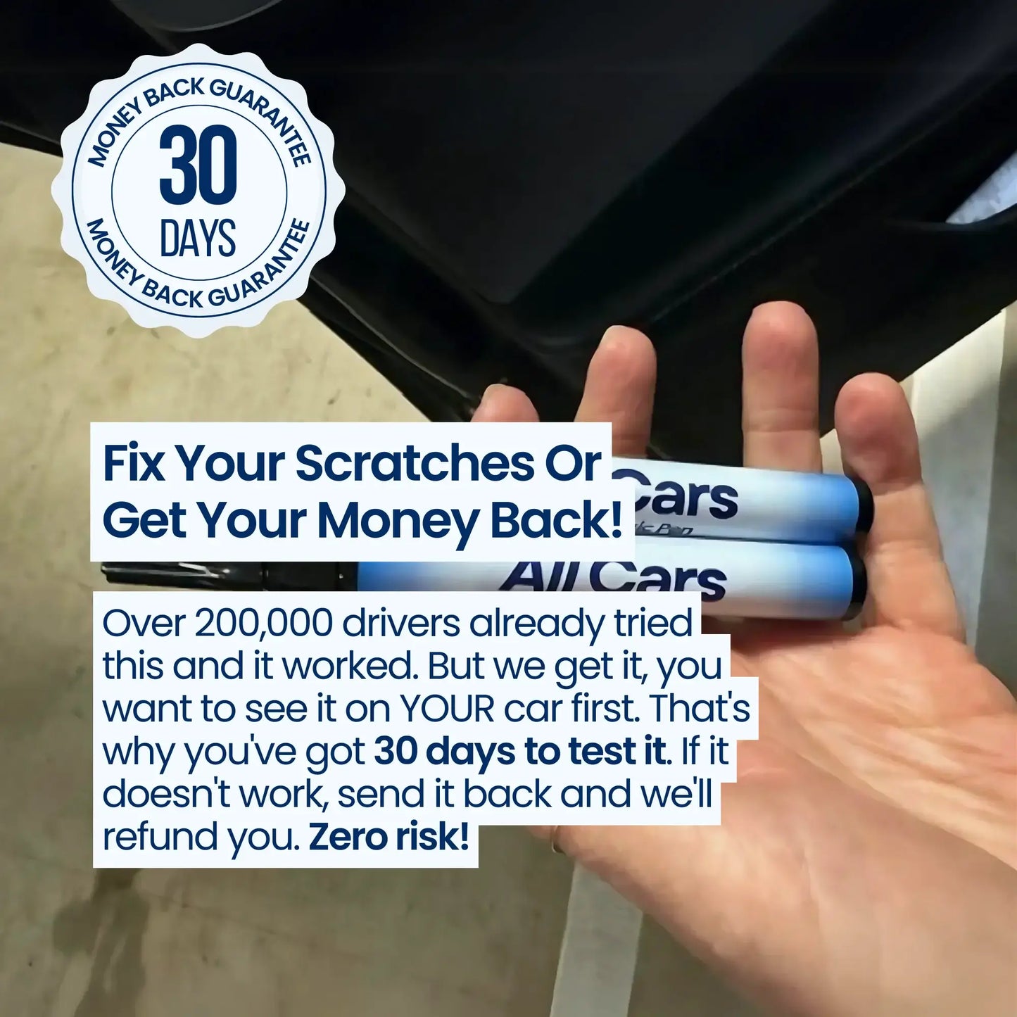 Hand holding two pen of All Cars scratch remover with promotional text overlay.