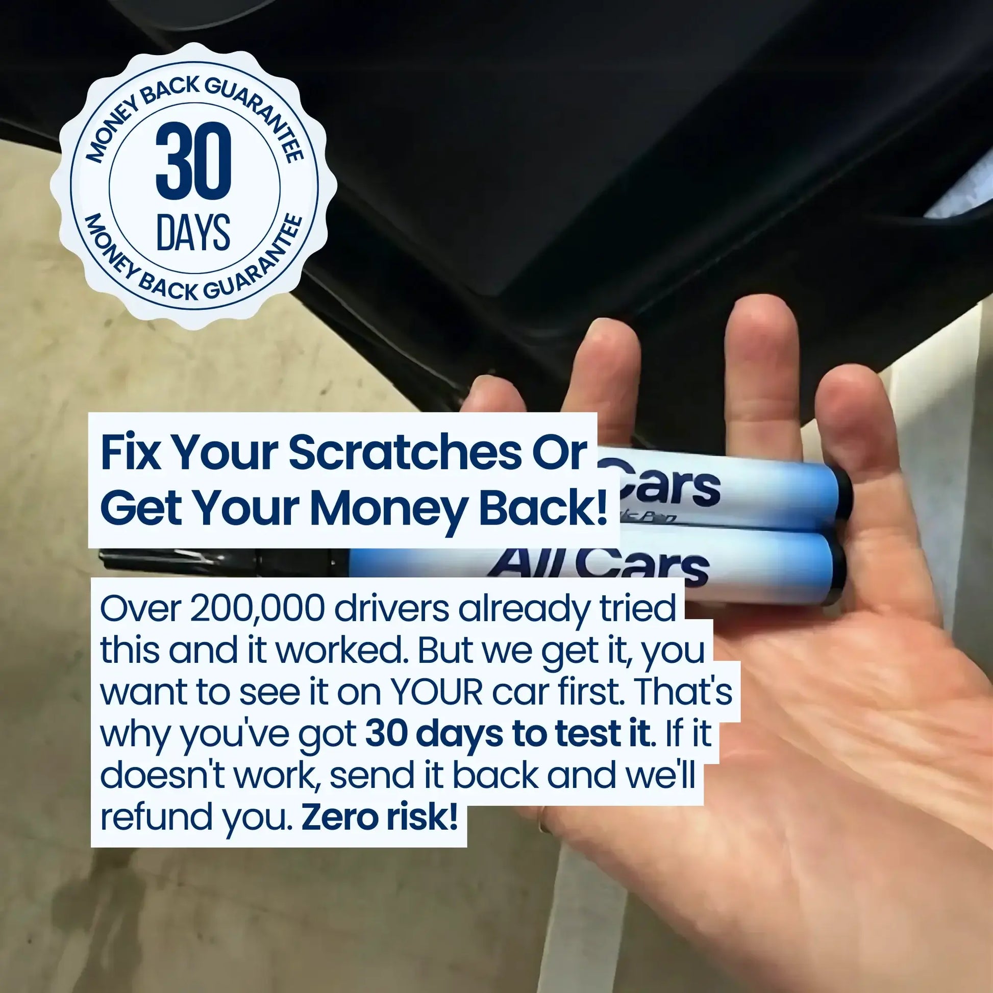 Hand holding two pen of All Cars scratch remover with promotional text overlay.