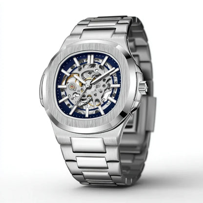 Skeleton Hollow Men Automatic Mechanical Watch Steampunk Sliver Blue Full Steel Waterproof Wrist Watches Male Mechanism Clock