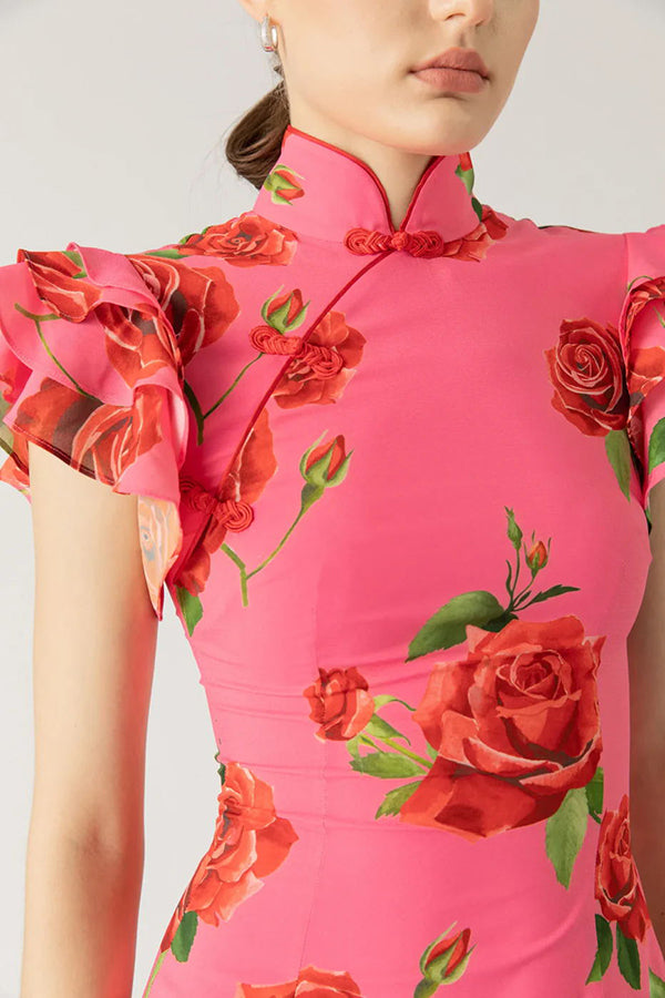 🌹Elegant Cheongsam Style Rose Floral Print Tiered Flare Sleeve Stretch Maxi Dress👗 - Modern Oriental Fashion for Women