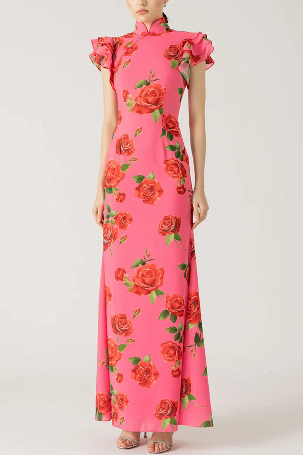 🌹Elegant Cheongsam Style Rose Floral Print Tiered Flare Sleeve Stretch Maxi Dress👗 - Modern Oriental Fashion for Women