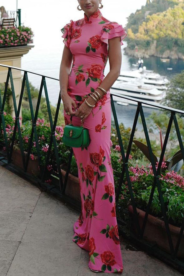 🌹Elegant Cheongsam Style Rose Floral Print Tiered Flare Sleeve Stretch Maxi Dress👗 - Modern Oriental Fashion for Women