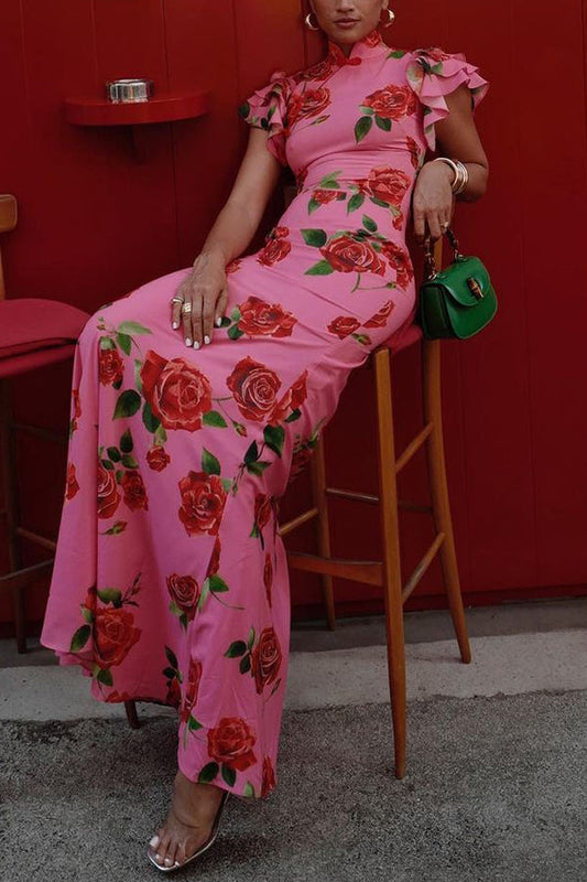 🌹Elegant Cheongsam Style Rose Floral Print Tiered Flare Sleeve Stretch Maxi Dress👗 - Modern Oriental Fashion for Women