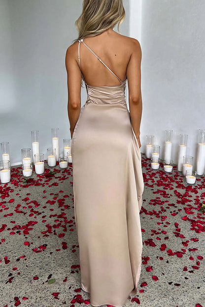 💜Buy 2 Free Shipping💜Women's Sexy One Shoulder Satin High Split Cocktail Fit Wedding Party Maxi Formal Dress
