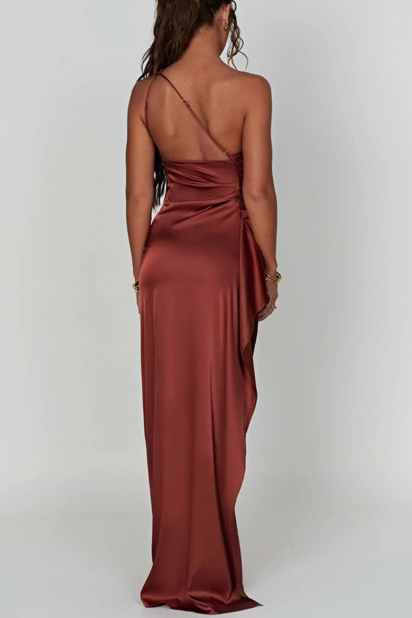 💜Buy 2 Free Shipping💜Women's Sexy One Shoulder Satin High Split Cocktail Fit Wedding Party Maxi Formal Dress