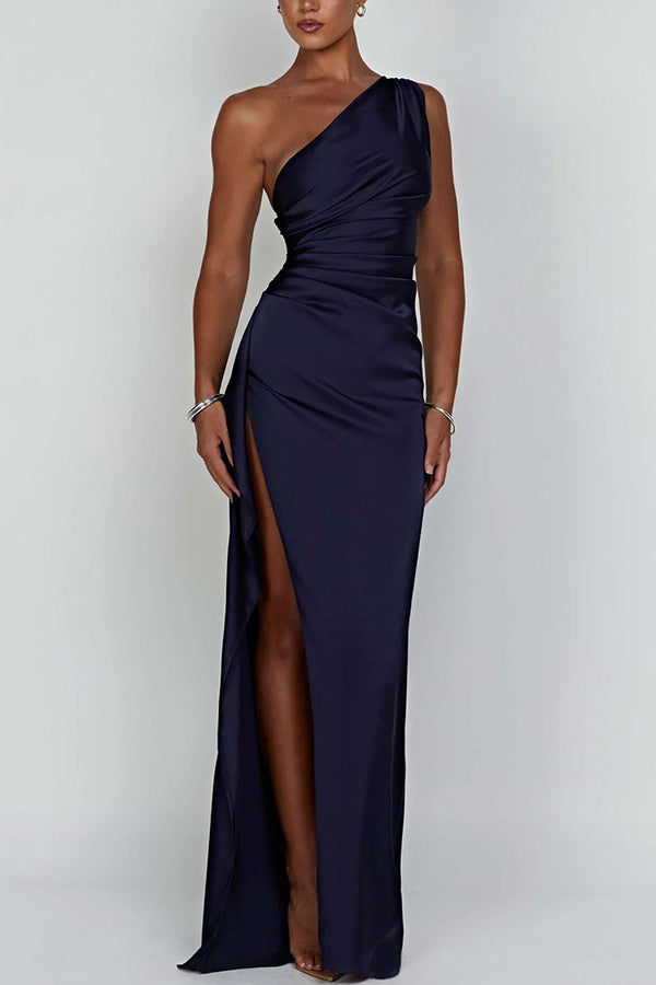 💜Buy 2 Free Shipping💜Women's Sexy One Shoulder Satin High Split Cocktail Fit Wedding Party Maxi Formal Dress