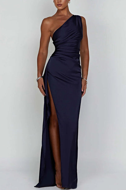 💜Buy 2 Free Shipping💜Women's Sexy One Shoulder Satin High Split Cocktail Fit Wedding Party Maxi Formal Dress
