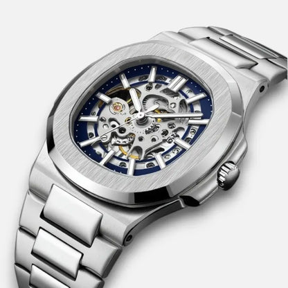 Skeleton Hollow Men Automatic Mechanical Watch Steampunk Sliver Blue Full Steel Waterproof Wrist Watches Male Mechanism Clock
