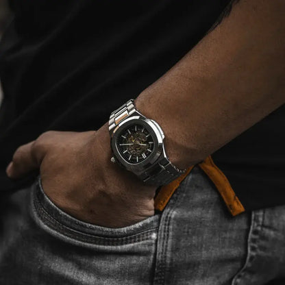 Skeleton Hollow Men Automatic Mechanical Watch Steampunk Sliver Blue Full Steel Waterproof Wrist Watches Male Mechanism Clock