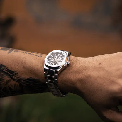 Skeleton Hollow Men Automatic Mechanical Watch Steampunk Sliver Blue Full Steel Waterproof Wrist Watches Male Mechanism Clock