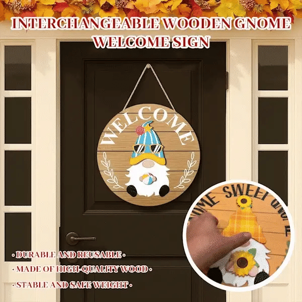🍁Christmas Best Decorations🎄Interchangeable Wooden Gnome Welcome Sign🎈