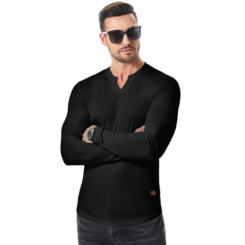 Men's Athletic Longline Ribbed Top🔥V-Neck Long Sleeve, Moisture-Wicking for Gym Sessions/Casual