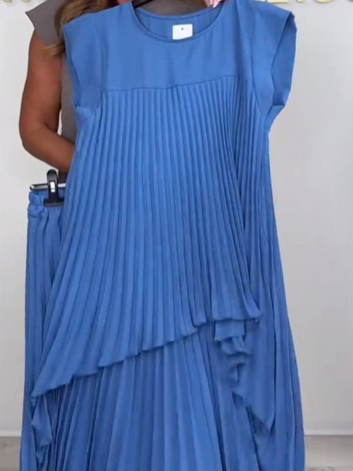 👗Laney Pleated Short Sleeve Irregular Midi Top and Elastic Waist Wide Leg Pants Set✨