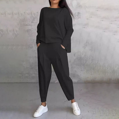 【DAY PERFECT】Round-Neck Long-Sleeved Top ＆ Pants 2-Piece Set | Wrinkle-Free & Breathable | 49% OFF Limited