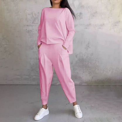 【DAY PERFECT】Round-Neck Long-Sleeved Top ＆ Pants 2-Piece Set | Wrinkle-Free & Breathable | 49% OFF Limited