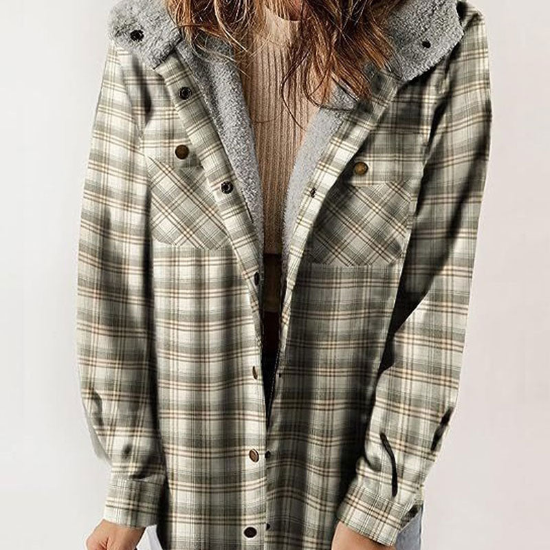 ⏰Free shipping⏰Women's Thickened Flannel Long Sleeve Plaid Jacket Coat With Hood