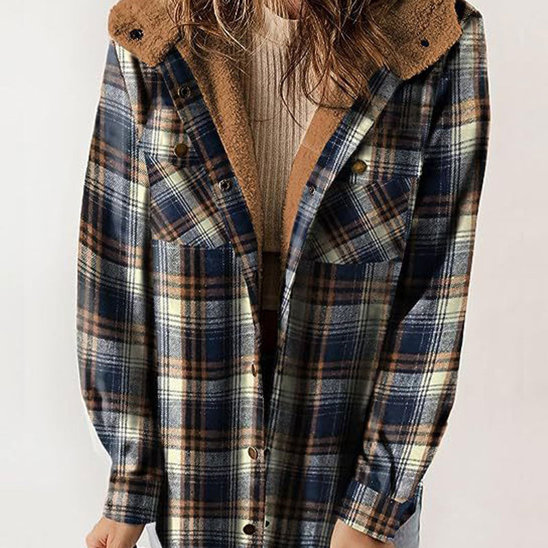 ⏰Free shipping⏰Women's Thickened Flannel Long Sleeve Plaid Jacket Coat With Hood