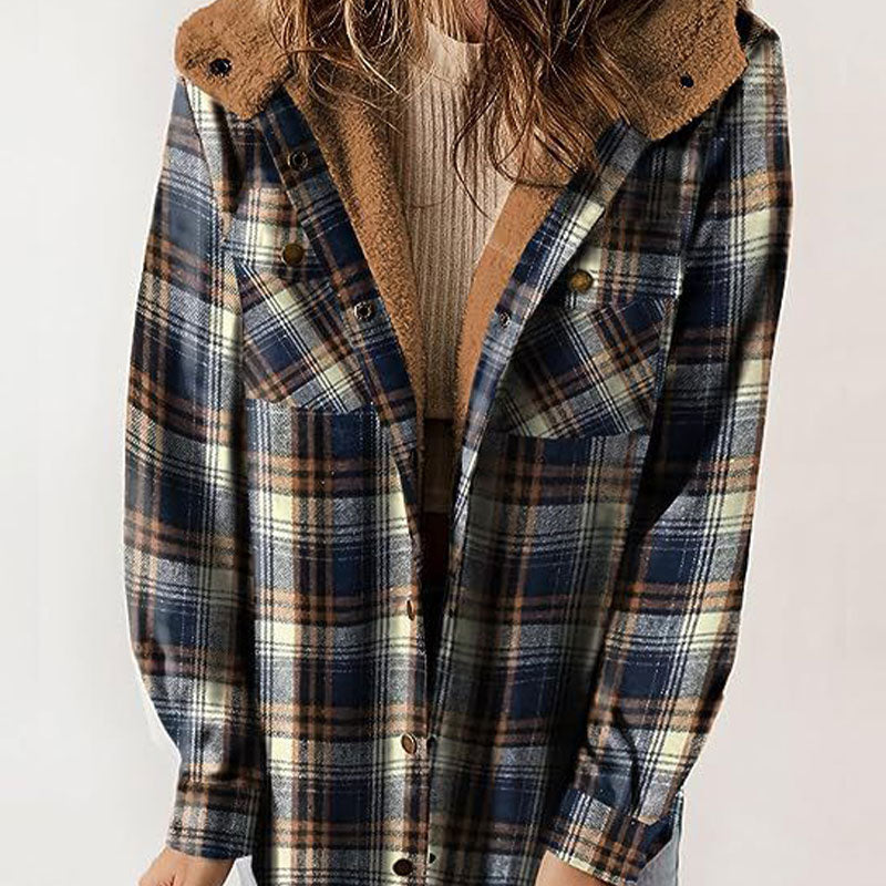 ⏰Free shipping⏰Women's Thickened Flannel Long Sleeve Plaid Jacket Coat With Hood