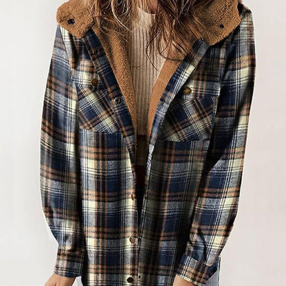 ⏰Free shipping⏰Women's Thickened Flannel Long Sleeve Plaid Jacket Coat With Hood