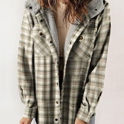 ⏰Free shipping⏰Women's Thickened Flannel Long Sleeve Plaid Jacket Coat With Hood