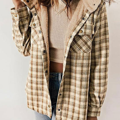 ⏰Free shipping⏰Women's Thickened Flannel Long Sleeve Plaid Jacket Coat With Hood