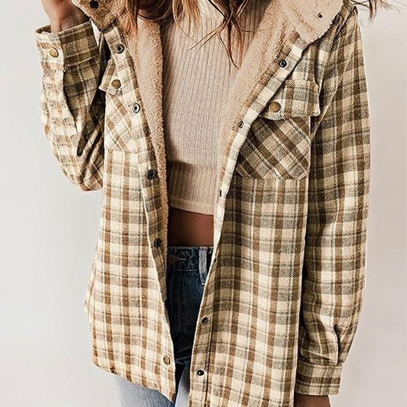 ⏰Free shipping⏰Women's Thickened Flannel Long Sleeve Plaid Jacket Coat With Hood