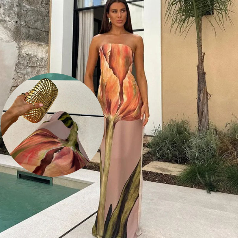 Jaime Abstract Floral Print Elasticated Off Shoulder Vacation Loose Maxi Dress - Flowy & Flattering for Summer Getaways